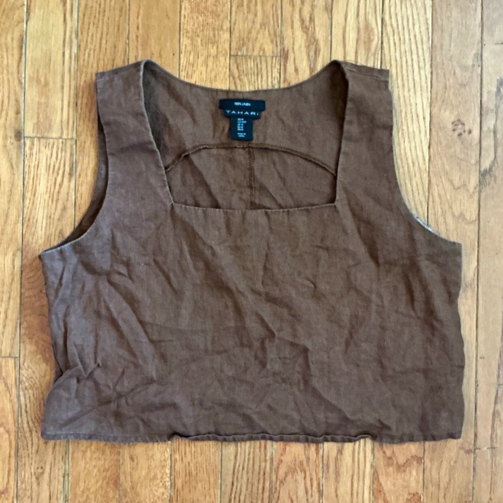 Tahari Womens M Brown Linen Sleeveless Square Neck Cropped Top Solid